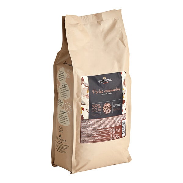 A bag of Valrhona 55% Dark Chocolate Crunchy Pearls with a label.