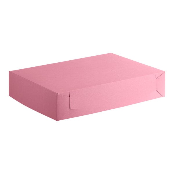 A large pink rectangular bakery box designed for holding half sheet cakes.
