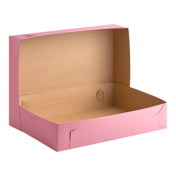A large pink cardboard bakery box with an open lid, suitable for holding a half sheet cake.