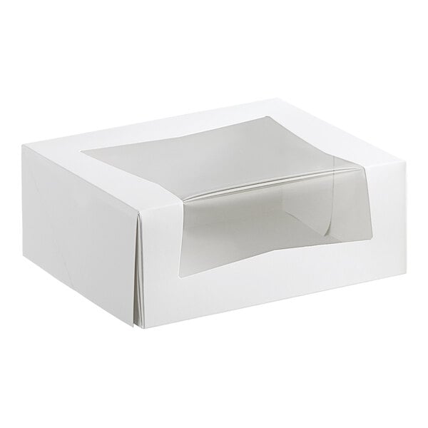 A white rectangular bakery box with a clear window on top.