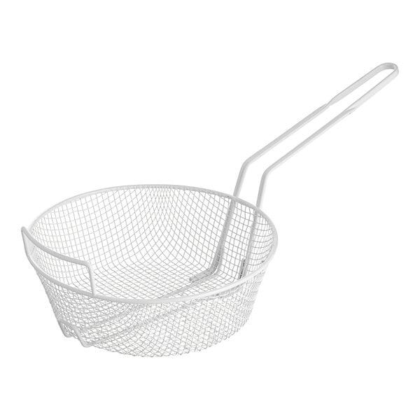 A white wire mesh breading basket with a handle.