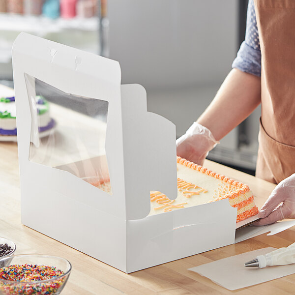 Baker's Lane 14" x 10" x 4" White Customizable Window Cake / Bakery Box - 10/Pack