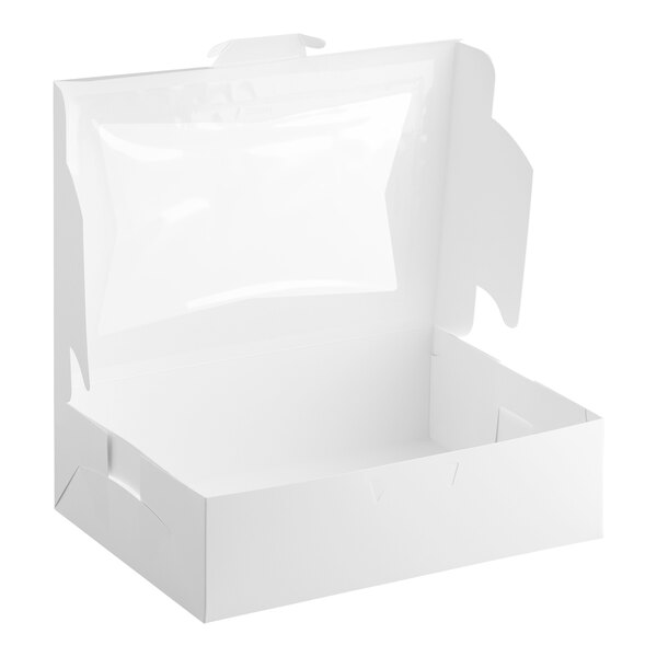 A white bakery box with a clear window on the lid, designed for cakes or baked goods.