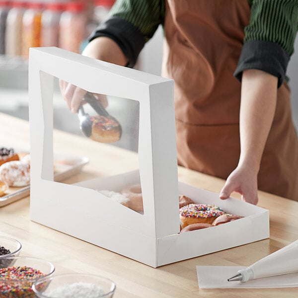 Baker's Lane 16" x 12" x 2 1/4" White Customizable Auto-Popup Window Donut / Bakery Box - 10/Pack
