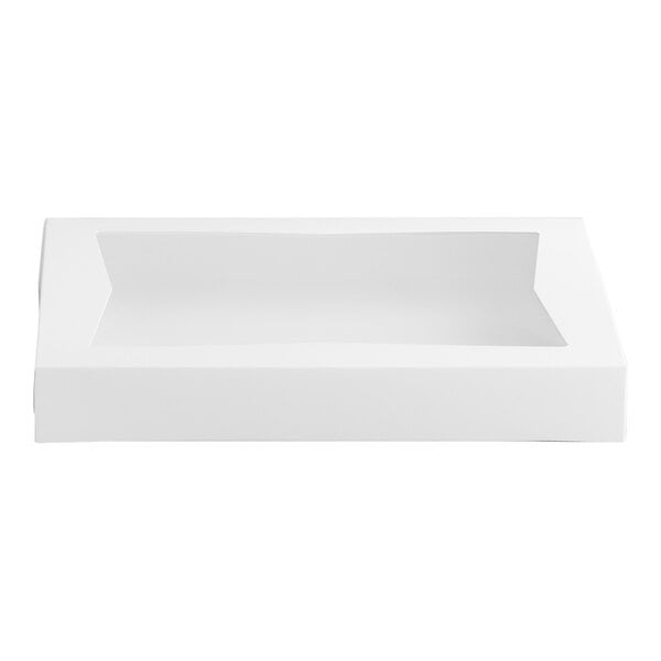 A white rectangular bakery box with a recessed windowed top, designed for packaging donuts or baked goods.