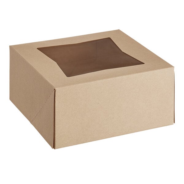 A kraft-colored bakery box with a clear window on top, designed for packaging pies or baked goods.