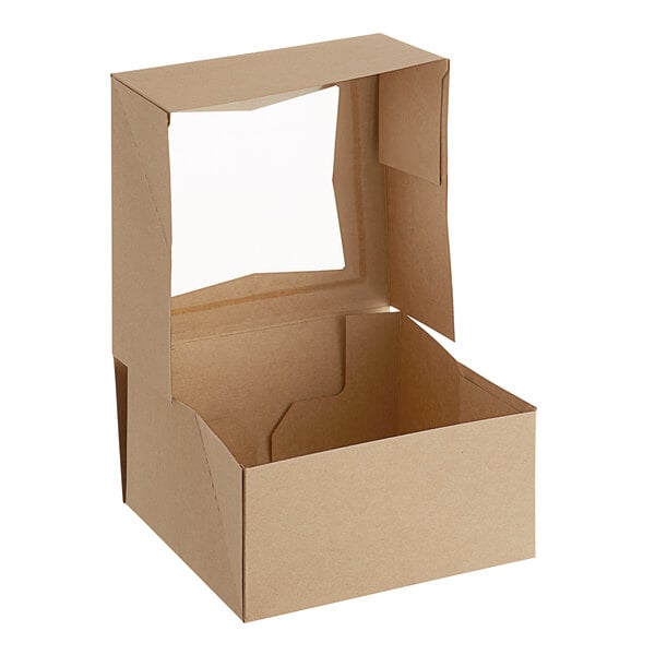 A brown kraft bakery box with a clear window on the lid, shown open and empty.