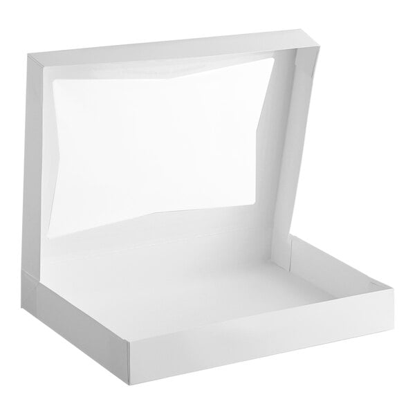 A white auto-popup bakery box with a clear window on the lid, designed for packaging donuts or baked goods.