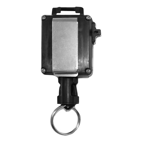 A close-up of a black and silver Gear Keeper key retractor with a black and silver nylon / Kevlar cable.