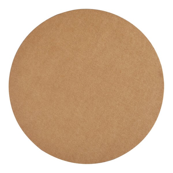 A round, brown, grease-resistant corrugated cake circle.