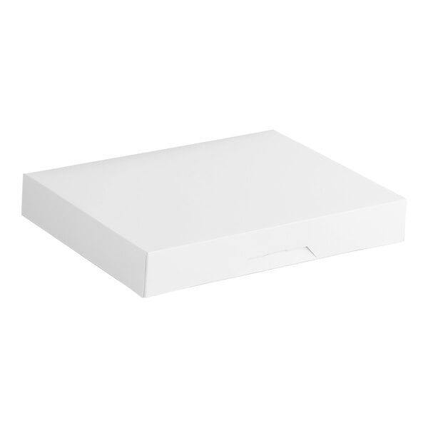 A plain white rectangular bakery box with a low profile and a fold-over lid.