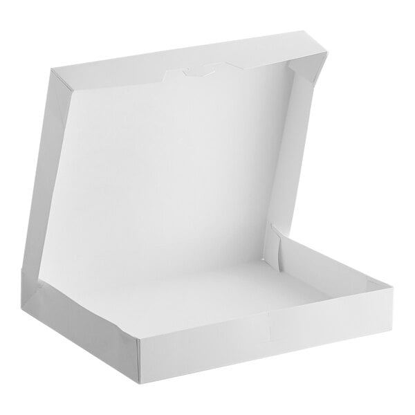 A plain white, rectangular bakery box with an open lid, designed for packaging donuts or baked goods.