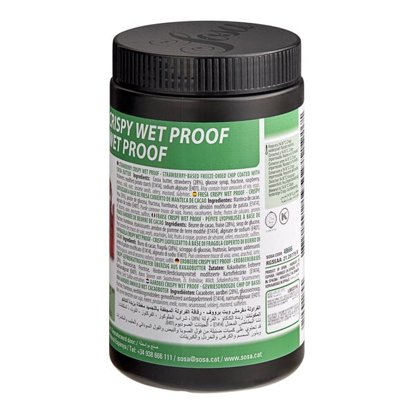 A black Sosa container with a green label for strawberry wet-proof crispies.