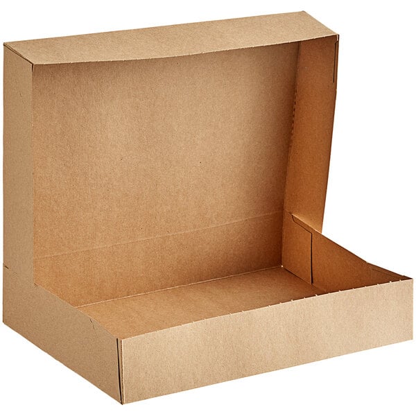 A Baker's Mark brown cardboard bakery box with an open lid.