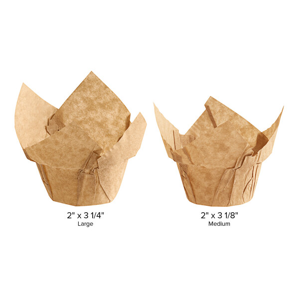 A brown Baker's Mark paper cupcake wrapper with measurements.