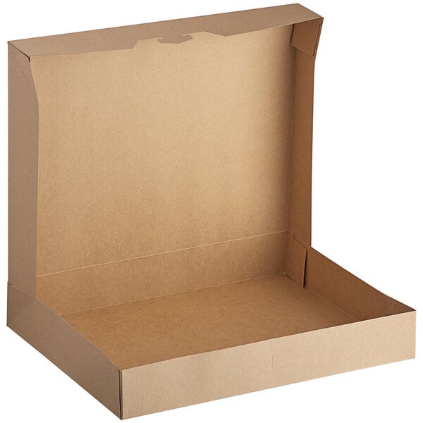 A Baker's Mark kraft cardboard bakery box with the lid open.