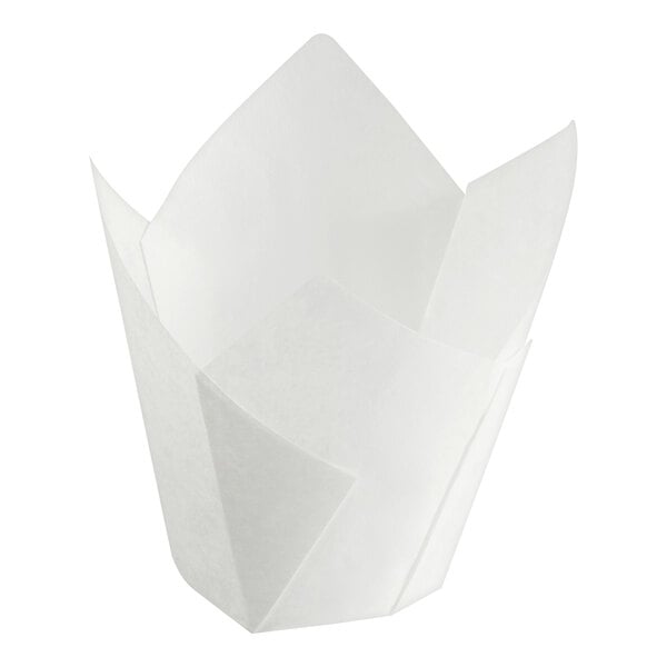 A white paper Baker's Mark mini tulip baking cup.