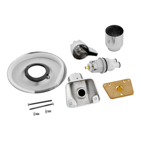 A round metal Delta shower trim kit with a white and black circle.