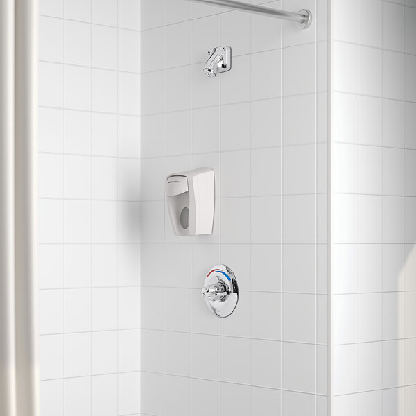 A white Delta shower with a shower head and hand held shower head.