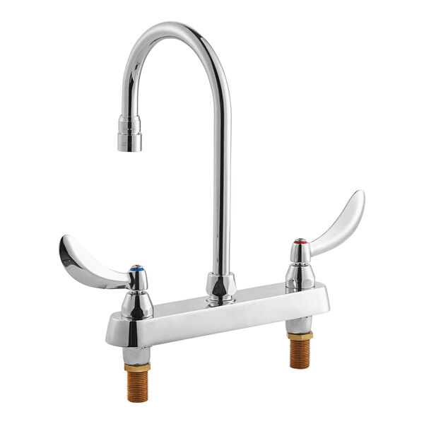 A silver Delta deck-mount lavatory faucet with two handles.