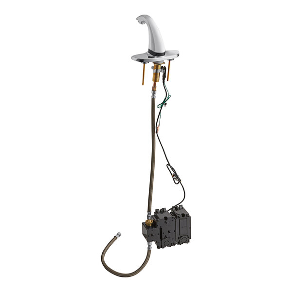 A Delta electronic touchless faucet with a metal handle.