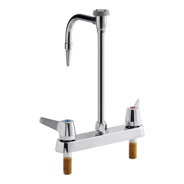 A silver Delta laboratory faucet with two lever blade handles and a gooseneck spout.