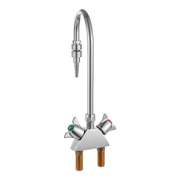 A silver Delta laboratory faucet with dual green and orange handles.