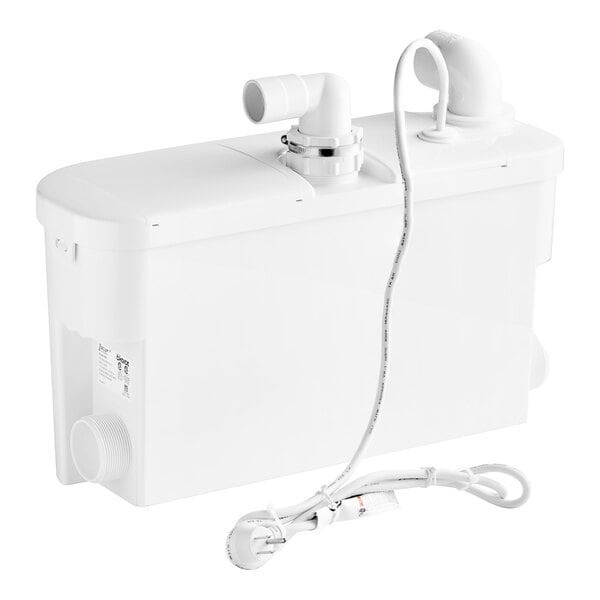 A white Zoeller Qwik Jon Choice macerator pump and tank with a cord and hose.