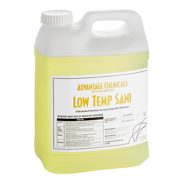 A white Advantage Chemicals jug filled with yellow liquid.