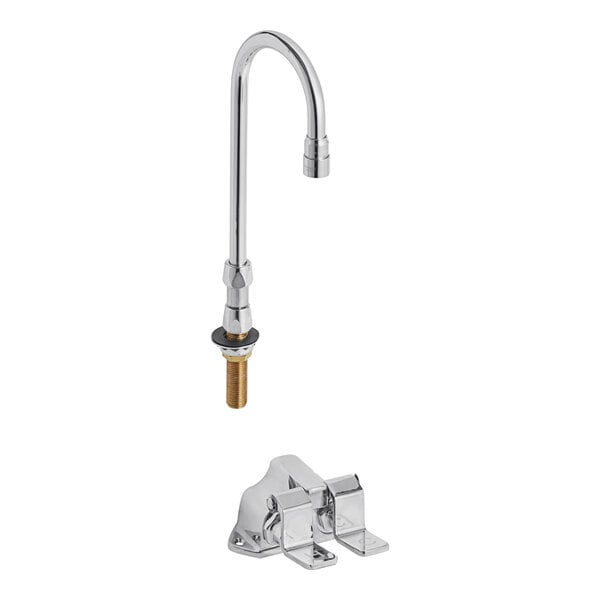 A Delta chrome deck-mount faucet with short pedals.