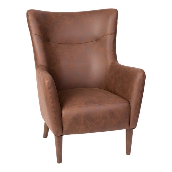 A Flash Furniture Connor dark brown faux leather wingback accent chair with wooden legs.