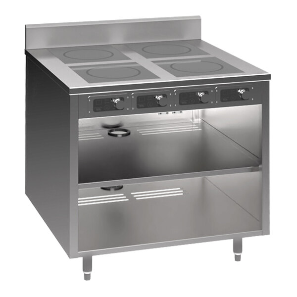A Spring USA stainless steel slide-in induction cooking cabinet with 4 ranges.