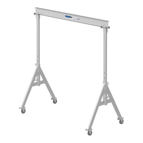A white metal Spanco A-Series gantry crane with wheels.