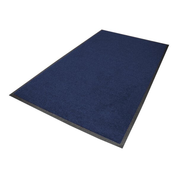 A blue rectangular mat with a black rubber border.