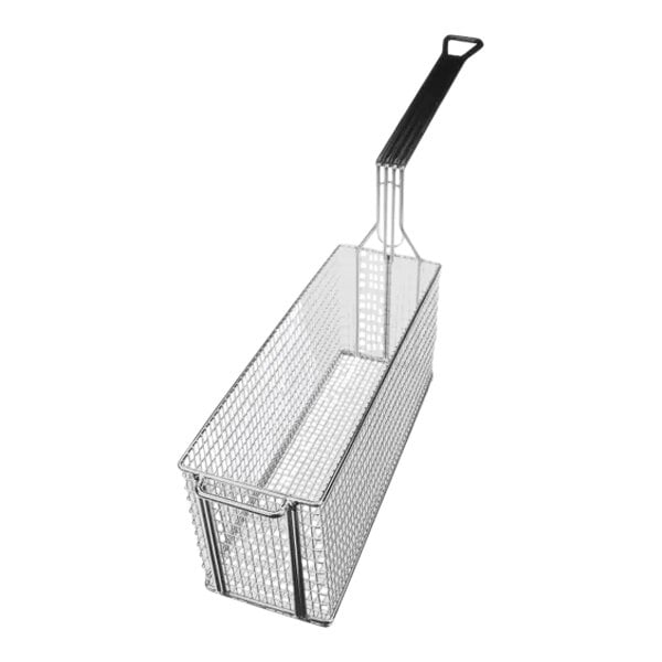 A wire fryer basket with a handle.