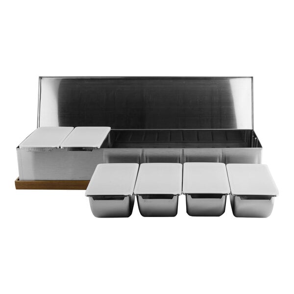 A Pinnacolo stainless steel condiment bar with six containers on a white surface.