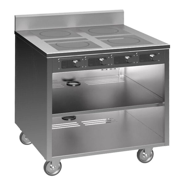 A Spring USA stainless steel mobile induction cooking cart with 4 ranges.