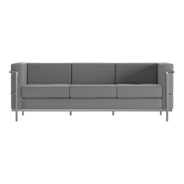 A Flash Furniture Hercules Regal grey LeatherSoft sofa with metal legs.