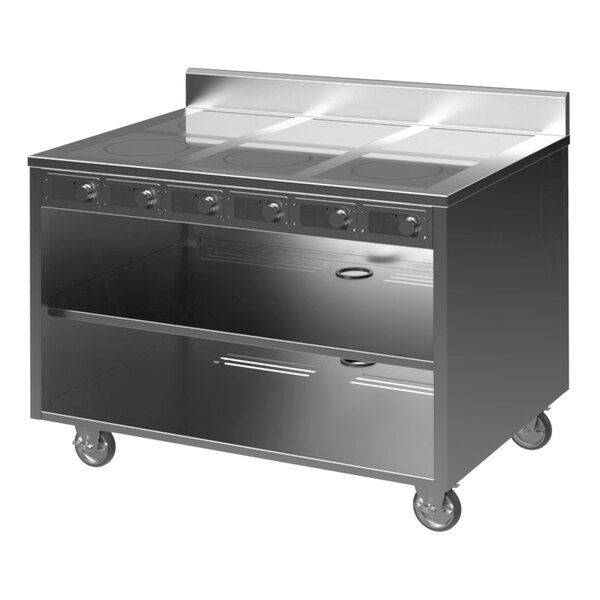 A Spring USA stainless steel mobile induction cooking cart with 6 ranges.