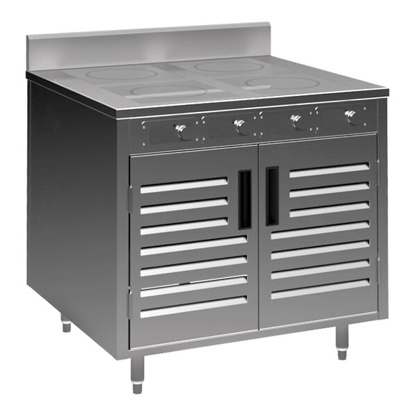 A Spring USA stainless steel induction cooking cabinet with 4 ranges and doors.