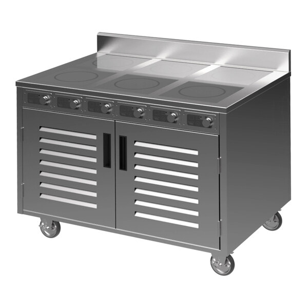 A Spring USA stainless steel mobile induction cooking cart with 6 ranges and doors.