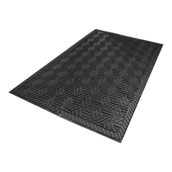 A rectangular black mat with a raised geometric pattern and a drainable border.