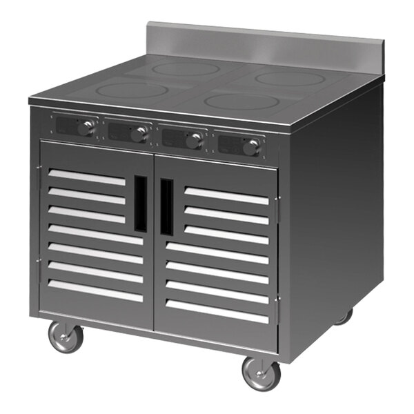 A Spring USA stainless steel mobile induction cooking cart with 4 ranges and doors.