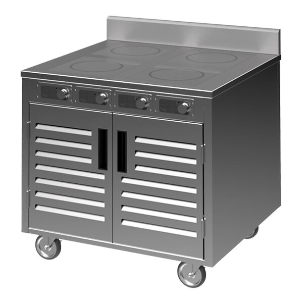 A large stainless steel Spring USA induction cooking cart with 4 ranges and doors.