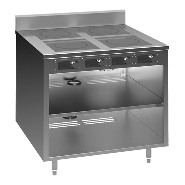 A Spring USA stainless steel slide-in induction cooking cabinet with 4 ranges.