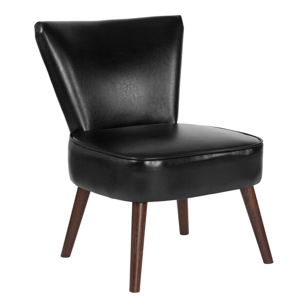 A Flash Furniture black leather chair with mahogany wood legs.