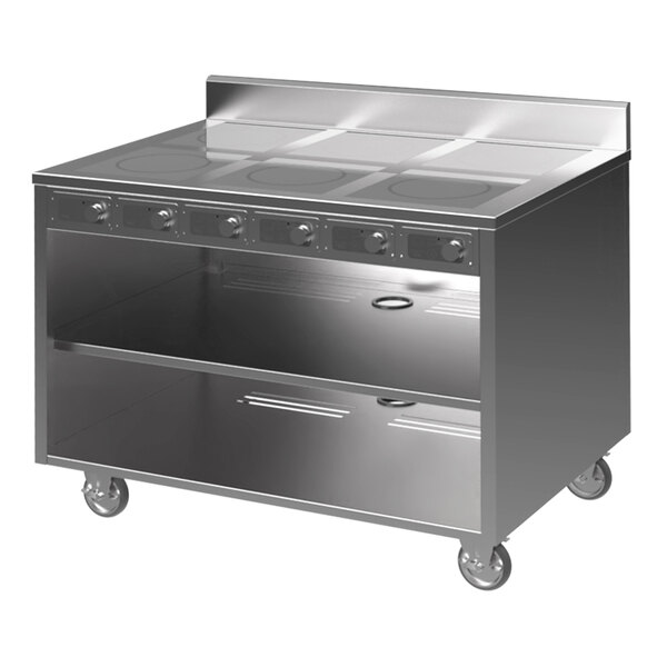 A stainless steel Spring USA induction cooking cart with a counter top, two drawers, and two shelves.