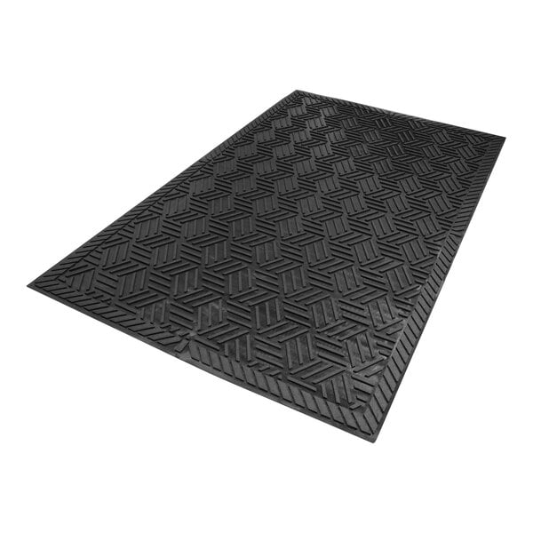 A rectangular black mat with a raised geometric pattern and a drainable border.