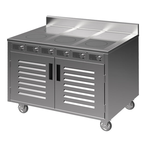 A Spring USA stainless steel mobile induction cooking cart with doors and drawers.