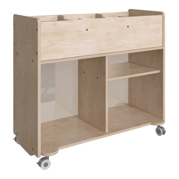 A Flash Furniture wooden shelf on wheels with clear back and locking casters.